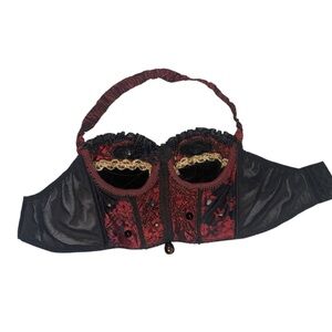 Red and Black Underwire Bra Bustier with Floral Lace & Velvet Trim